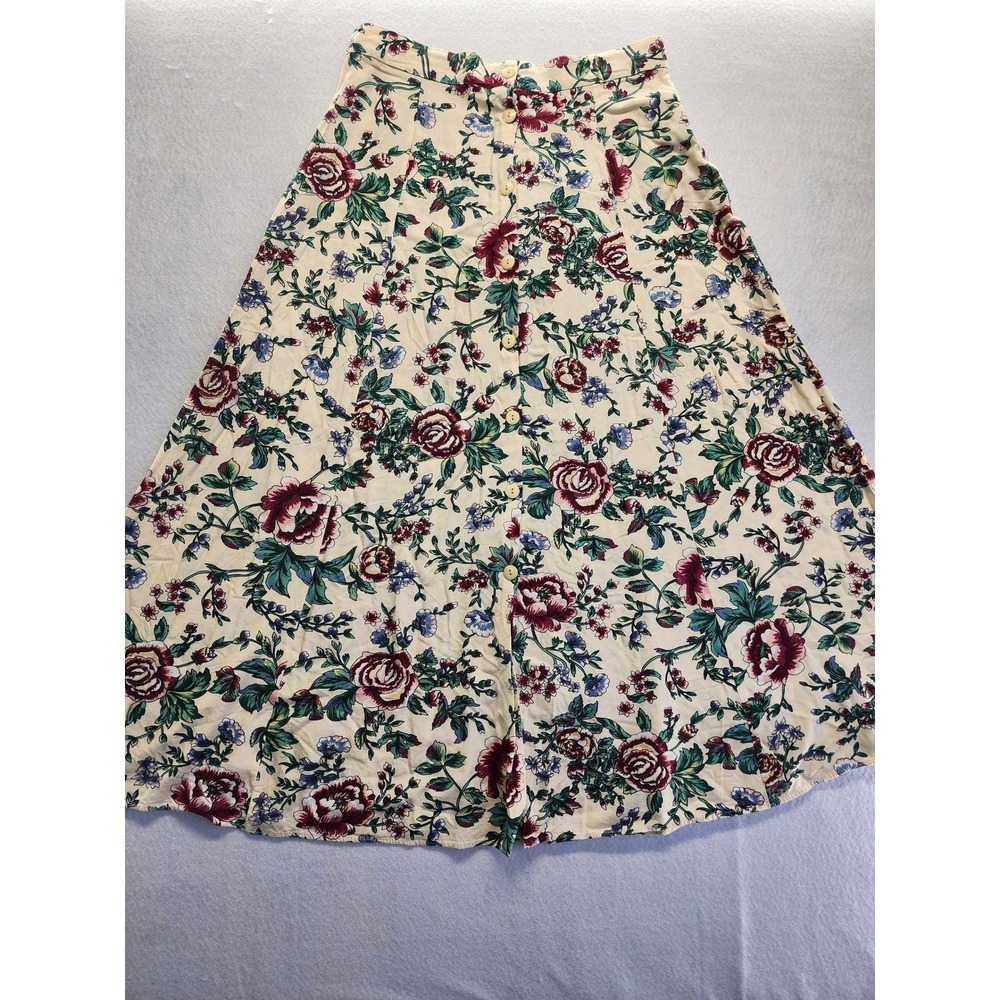 Jeffrey & Me Vintage Lg Floral Maxi Skirt‎ Button Front A Line Cream cottagecore